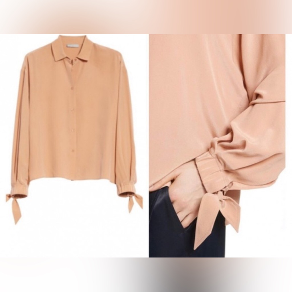 $398 Vince "Antique Peach Stretch Silk Georgette Shirt Top S Blouse Tie Sleeves